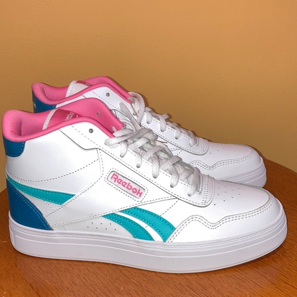 Reebok Court Advance Bold High Top White with Pink and Teal Highlights - Picture 2 of 6